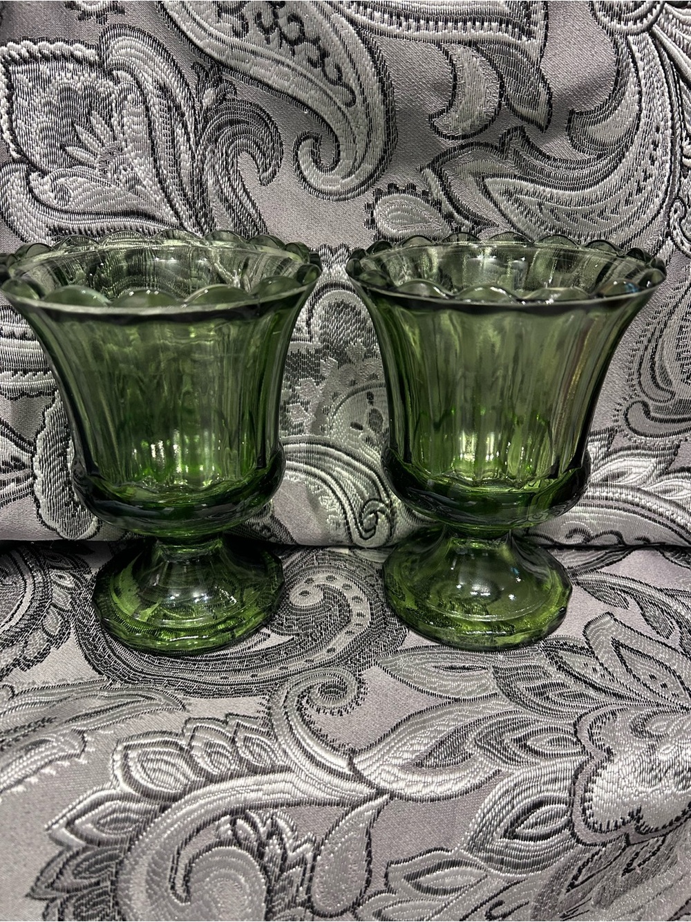 Indiana Glass Green Pedestal Vases — Pair
